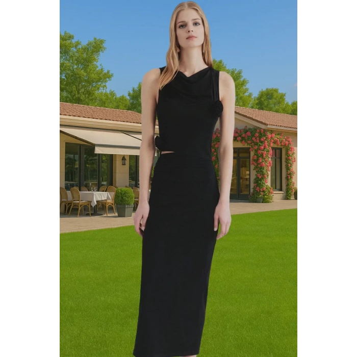 Bodycon Gül Detaylı Örme Abiye Elbise Polyester Yazlık Dayanıklı Malzeme Dayanıklı Malzeme