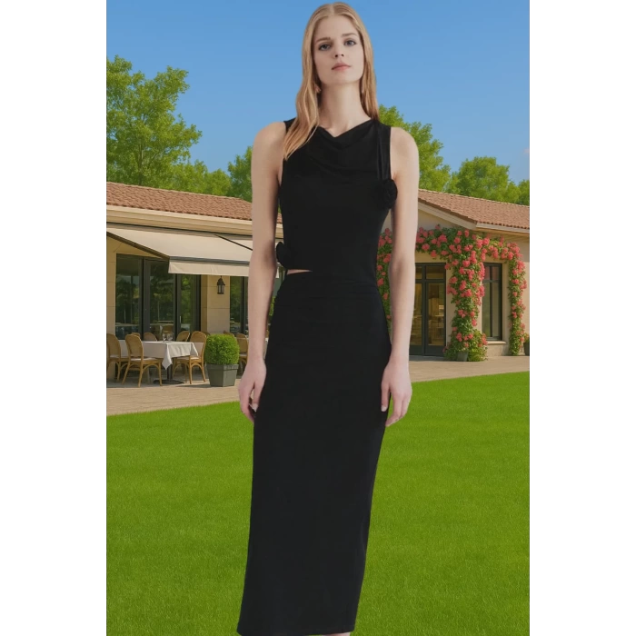 Bodycon Gül Detaylı Örme Abiye Elbise Polyester Yazlık Dayanıklı Malzeme Dayanıklı Malzeme