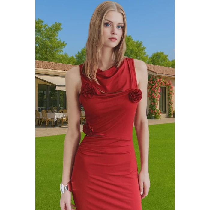 Bodycon Gül Detaylı Örme Abiye Elbise Polyester Yazlık Dayanıklı Malzeme Dayanıklı Malzeme