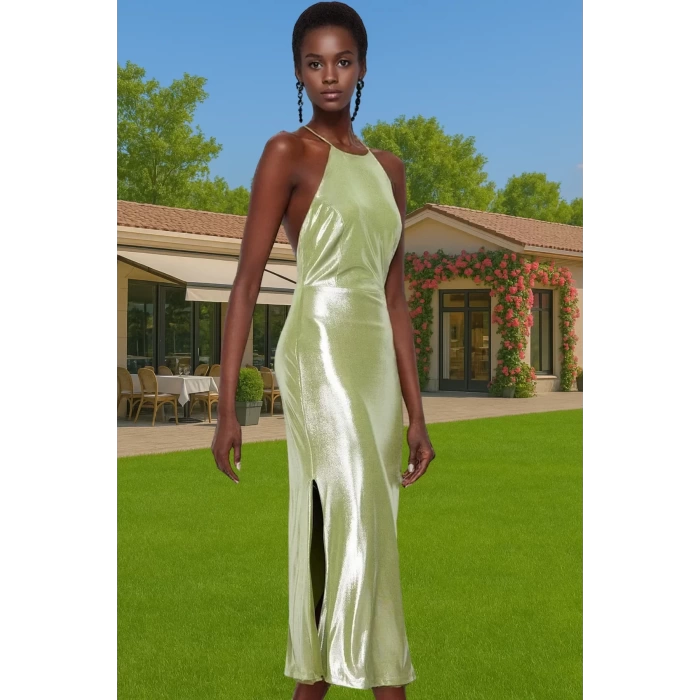 Bodycon Halter Midi Elbise Metalik Örme Polyester Yazlık Modern Stil Mükemmel Uyum Şık Görünüm