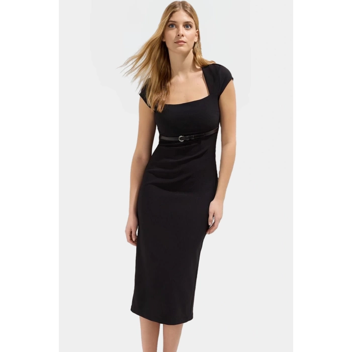 Bodycon Kesim Kısa Kollu Midi Elbise Dokuma Kemer Detaylı İş Elbisesi Rahat Kullanım Uzun Ömürlü