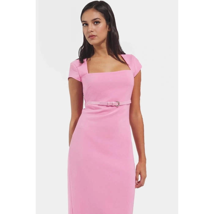 Bodycon Kesim Kısa Kollu Midi Elbise Dokuma Kemer Detaylı İş Elbisesi Rahat Kullanım Uzun Ömürlü