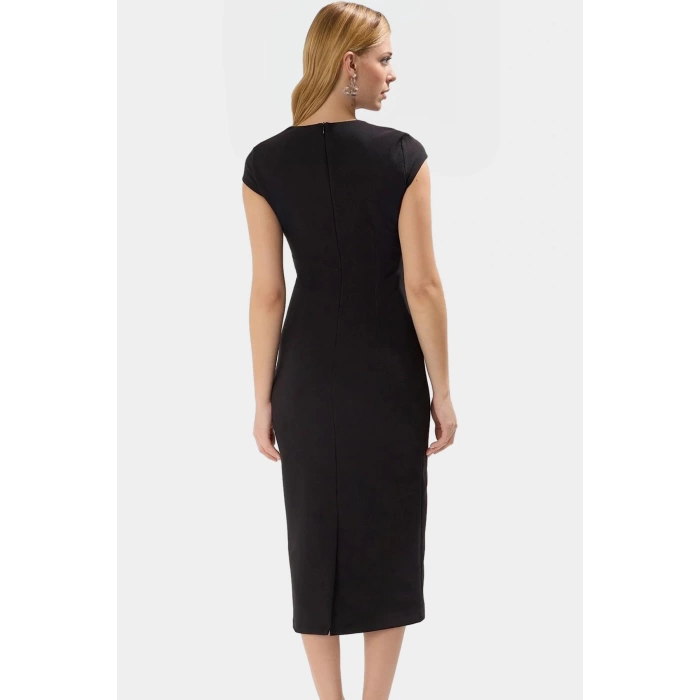 Bodycon Kesim Kısa Kollu Midi Elbise Dokuma Kemer Detaylı İş Elbisesi Rahat Kullanım Uzun Ömürlü