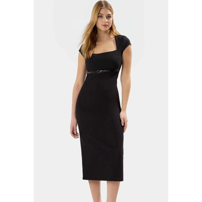 Bodycon Kesim Kısa Kollu Midi Elbise Dokuma Kemer Detaylı İş Elbisesi Rahat Kullanım Uzun Ömürlü