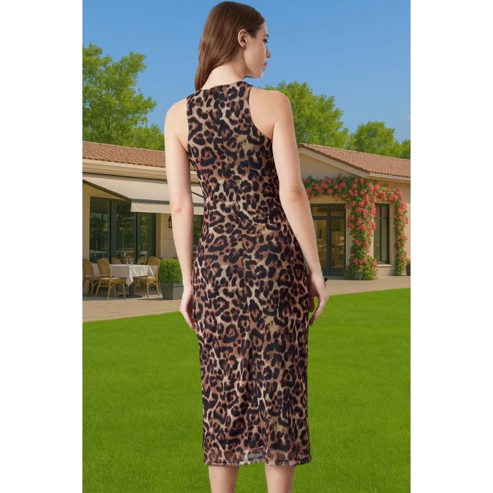 Bodycon Leopar Desenli Örme Midi Abiye Elbise Premium Kalite Yüksek Kalite Özel Tasarım Uzun Ömürlü