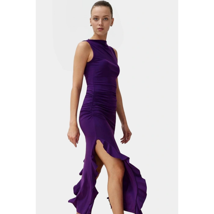 Bodycon Maxi Elbise Esnek Fırfırlı Kayık Yaka Yazlık Seçkin Malzeme Trend Tasarım