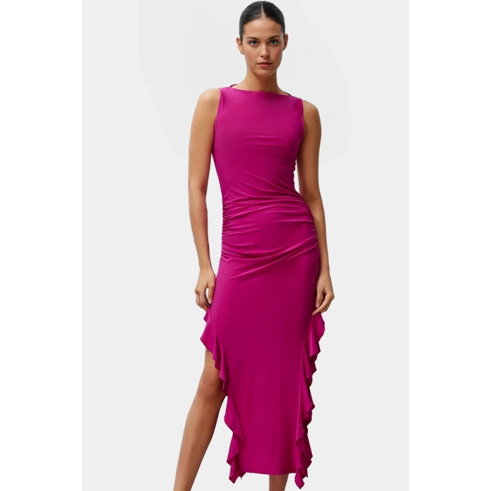Bodycon Maxi Elbise Esnek Fırfırlı Kayık Yaka Yazlık Seçkin Malzeme Trend Tasarım