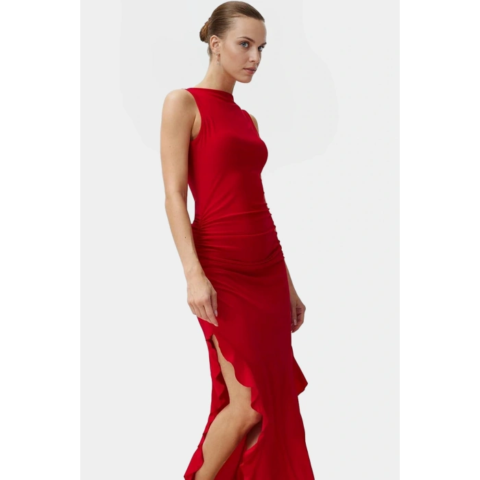 Bodycon Maxi Elbise Esnek Fırfırlı Kayık Yaka Yazlık Seçkin Malzeme Trend Tasarım