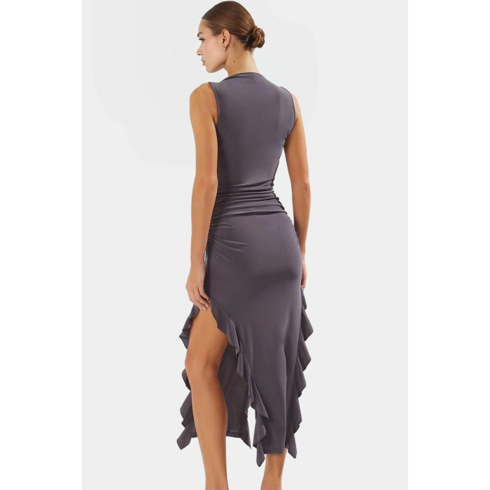 Bodycon Maxi Elbise Esnek Fırfırlı Kayık Yaka Yazlık Seçkin Malzeme Trend Tasarım