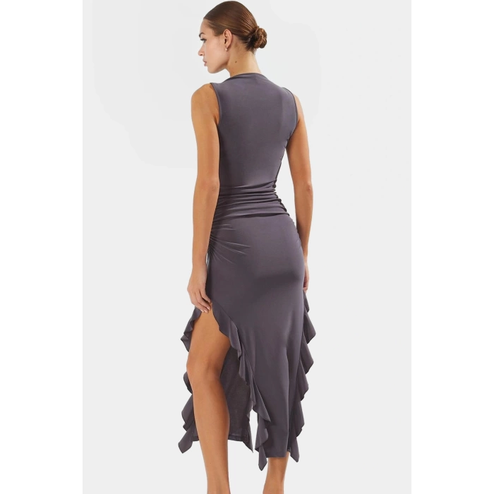 Bodycon Maxi Elbise Esnek Fırfırlı Kayık Yaka Yazlık Seçkin Malzeme Trend Tasarım