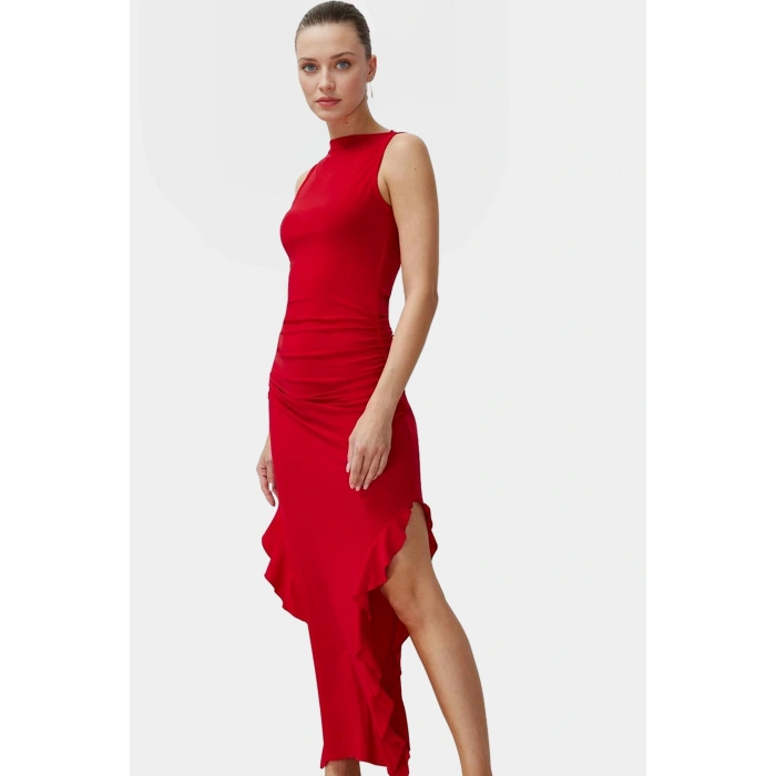 Bodycon Maxi Elbise Esnek Fırfırlı Kayık Yaka Yazlık Seçkin Malzeme Trend Tasarım
