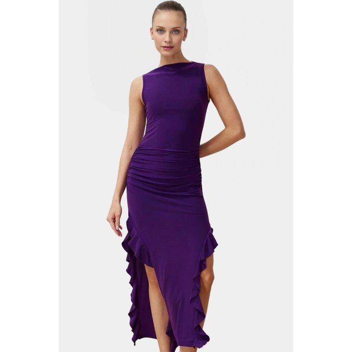 Bodycon Maxi Elbise Esnek Fırfırlı Kayık Yaka Yazlık Seçkin Malzeme Trend Tasarım