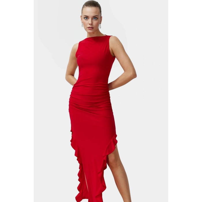 Bodycon Maxi Elbise Esnek Fırfırlı Kayık Yaka Yazlık Seçkin Malzeme Trend Tasarım