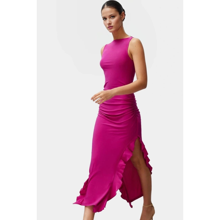 Bodycon Maxi Elbise Esnek Fırfırlı Kayık Yaka Yazlık Seçkin Malzeme Trend Tasarım