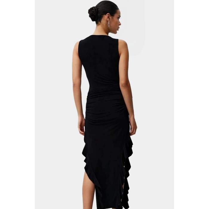 Bodycon Maxi Elbise Esnek Fırfırlı Kayık Yaka Yazlık Seçkin Malzeme Trend Tasarım