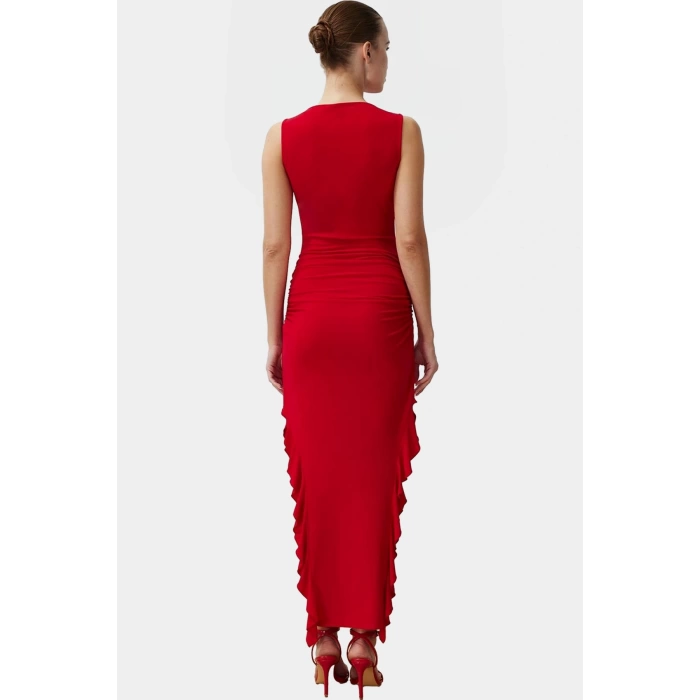 Bodycon Maxi Elbise Esnek Fırfırlı Kayık Yaka Yazlık Seçkin Malzeme Trend Tasarım