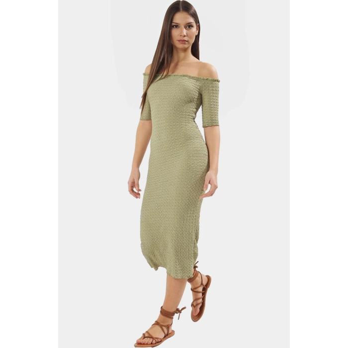 Bodycon Midi Elbise Carmen Yaka Renk Gofre Dokuma Örme Kumaş Uzun Ömürlü Rahat Ve Şık