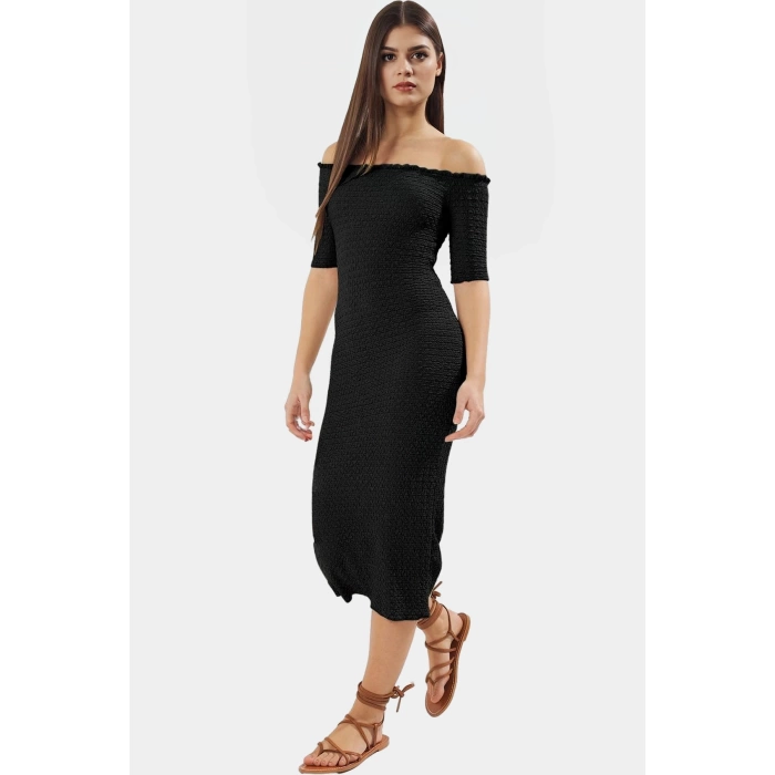 Bodycon Midi Elbise Carmen Yaka Renk Gofre Dokuma Örme Kumaş Uzun Ömürlü Rahat Ve Şık