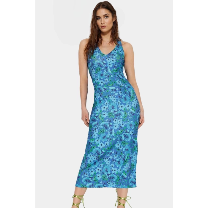 Bodycon Midi Elbise Çiçek Baskı 96% Polyester 120cm Boy Örme Kumaş Dayanıklı Malzeme
