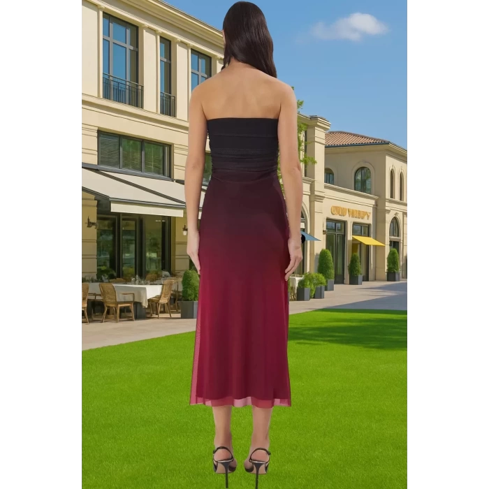 Bodycon Midi Elbise Örme Tül Kumaştan Astarlı Degrade Elbise Yazlık Dayanıklı Malzeme Konforlu Kesim