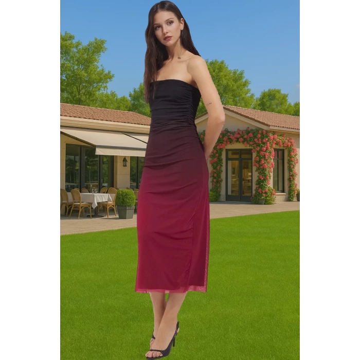 Bodycon Midi Elbise Örme Tül Kumaştan Astarlı Degrade Elbise Yazlık Dayanıklı Malzeme Konforlu Kesim