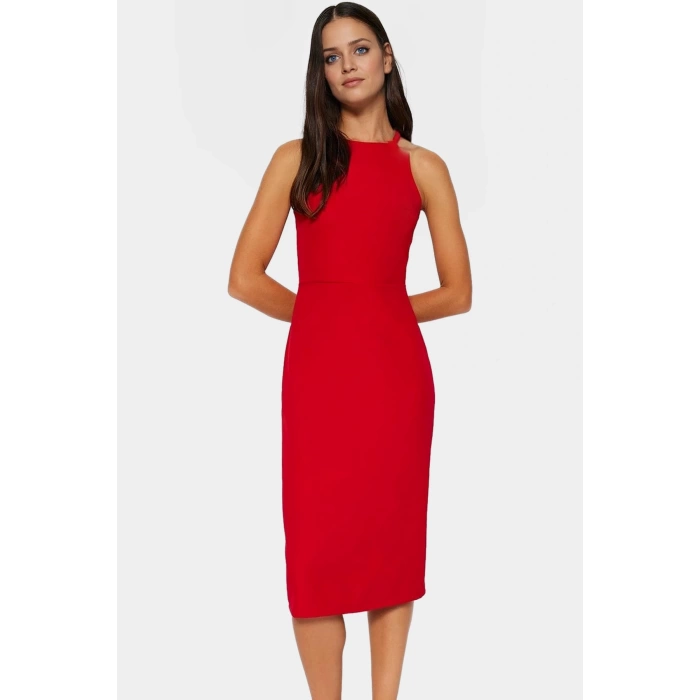 Bodycon Midi Elbise Şık Halter Yaka Nefes Alan Dokuma Kumaş Günlük ve Özel Günler İçin