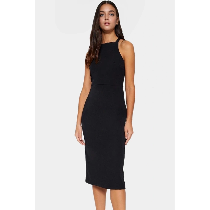 Bodycon Midi Elbise Şık Halter Yaka Nefes Alan Dokuma Kumaş Günlük ve Özel Günler İçin