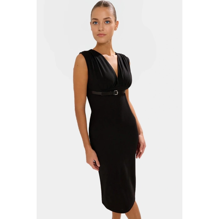 Bodycon Midi Elbise V Yaka Kemerli Scuba Krep Polyester Günlük Uzun Ömürlü Modern Stil