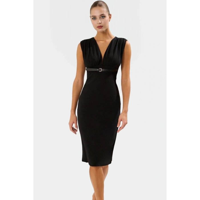 Bodycon Midi Elbise V Yaka Kemerli Scuba Krep Polyester Günlük Uzun Ömürlü Modern Stil