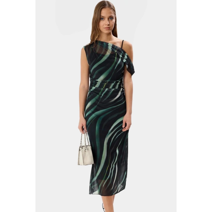 Bodycon Midi Tül Elbise Şık Asimetrik Yaka ve Çiçek Desen Uzun Ömürlü Özenle Seçilmiş
