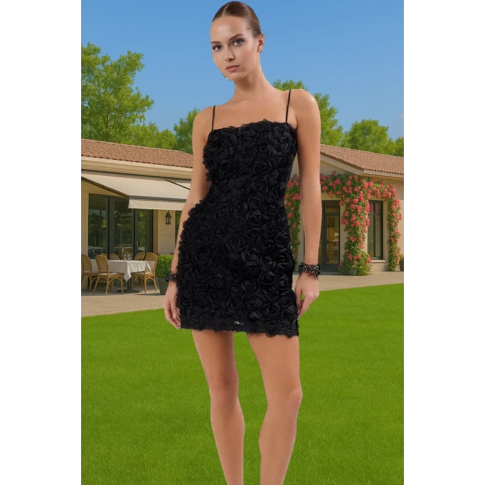 Bodycon Mini Abiye Elbise 3D Gül Aplike Detaylı Polyester Tül Kumaş Kaliteli İşçilik Şık Görünüm