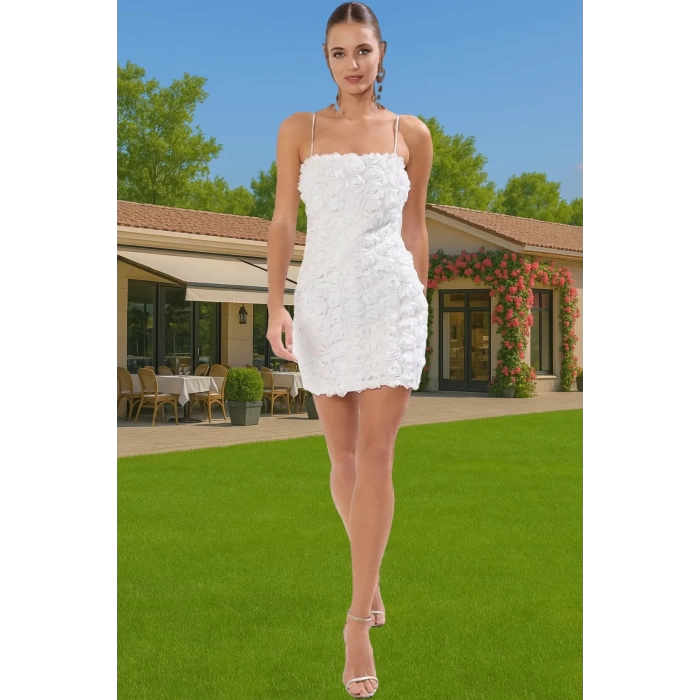 Bodycon Mini Abiye Elbise 3D Gül Aplike Detaylı Polyester Tül Kumaş Kaliteli İşçilik Şık Görünüm