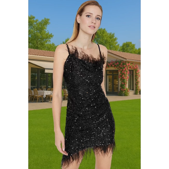 Bodycon Siyah Mini Abiye Elbise Örme Payetli Kumaş Otriş Detaylı Rahat Kullanım Rahat Kullanım