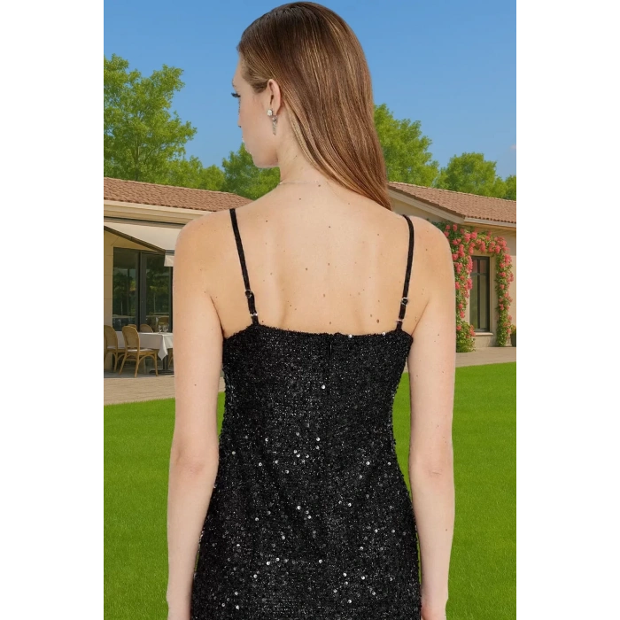 Bodycon Siyah Mini Abiye Elbise Örme Payetli Kumaş Otriş Detaylı Rahat Kullanım Rahat Kullanım