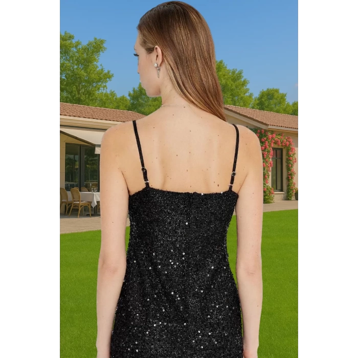 Bodycon Siyah Mini Abiye Elbise Örme Payetli Kumaş Otriş Detaylı Rahat Kullanım Rahat Kullanım