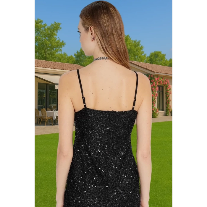 Bodycon Siyah Mini Abiye Elbise Örme Payetli Kumaş Otriş Detaylı Rahat Kullanım Rahat Kullanım