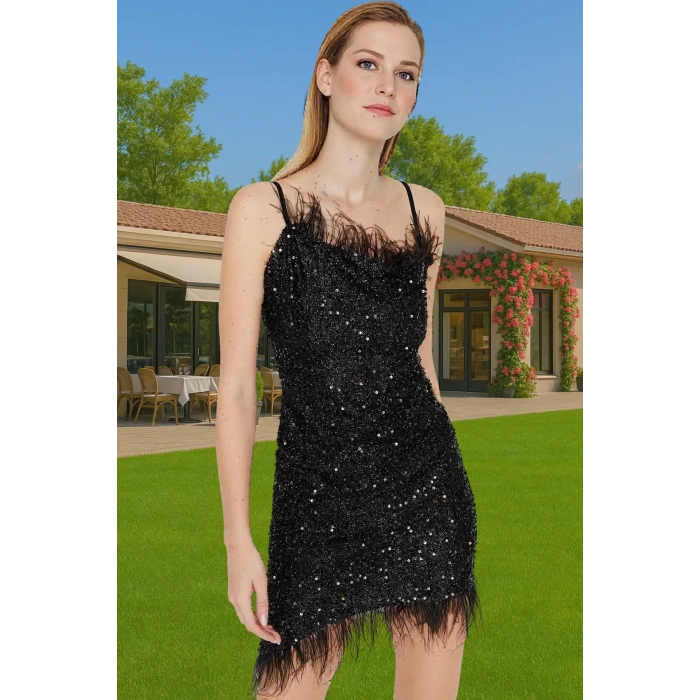 Bodycon Siyah Mini Abiye Elbise Örme Payetli Kumaş Otriş Detaylı Rahat Kullanım Rahat Kullanım
