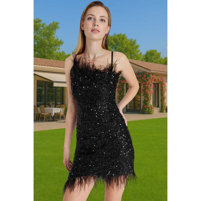 Bodycon Siyah Mini Abiye Elbise Örme Payetli Kumaş Otriş Detaylı Rahat Kullanım Rahat Kullanım