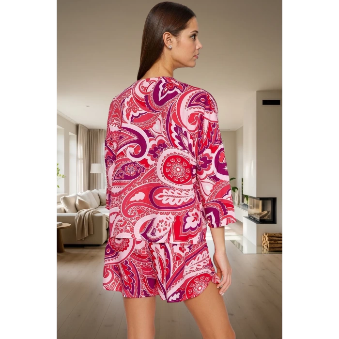 Bohem Stil Viskon Pijama Takımı Etnik Desenli Bağlamalı Şortlu Yazlık Dayanıklı Malzeme Şık Görünüm
