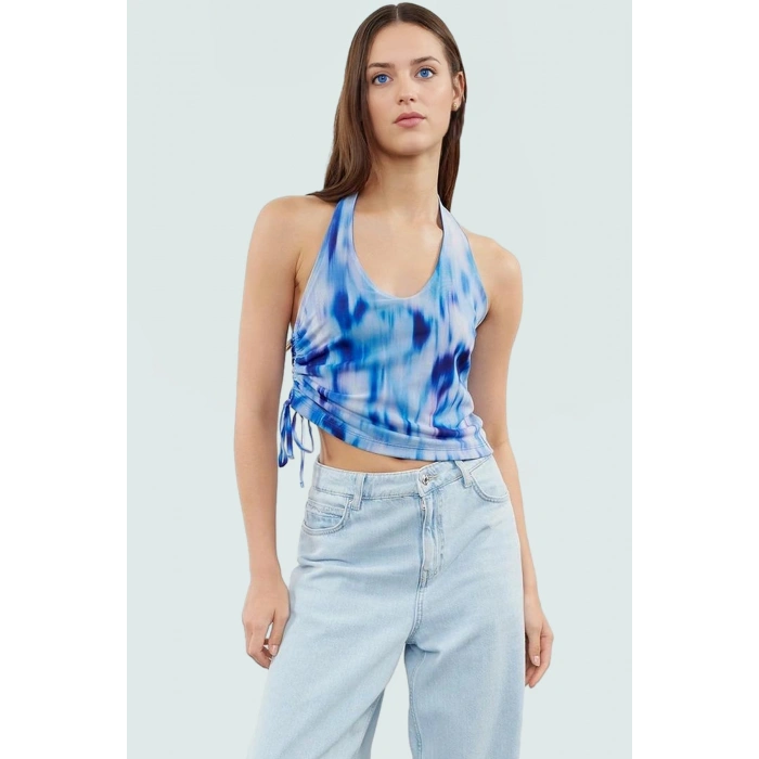 Boyundan Bağlamalı Crop Bluz Soyut Desenli Örme Tül Günlük Stil Yüksek Kalite