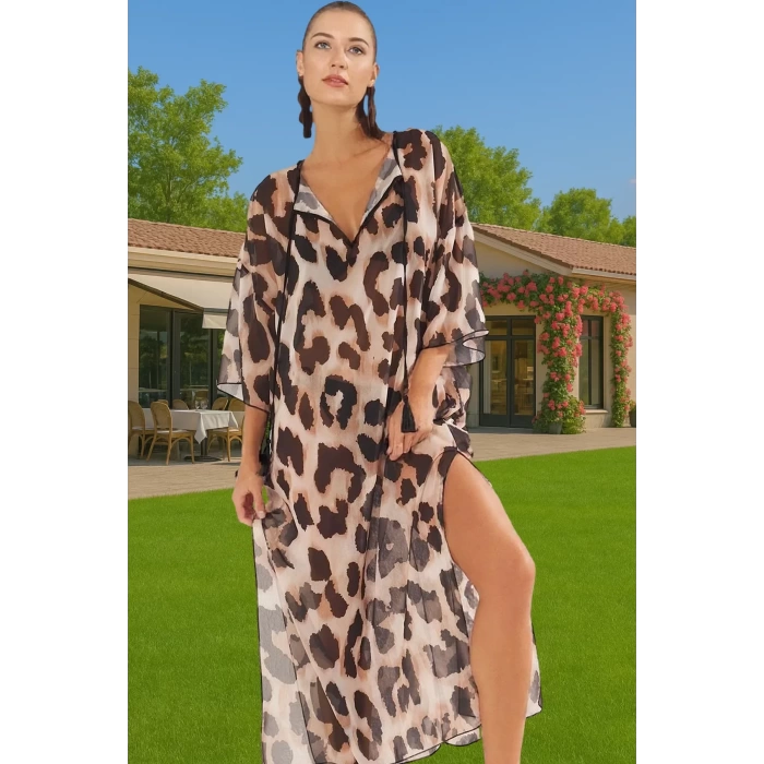 Boyundan Bağlamalı Leopar Desenli Şifon Maxi Elbise Modern Stil Yüksek Kalite Trend Tasarım