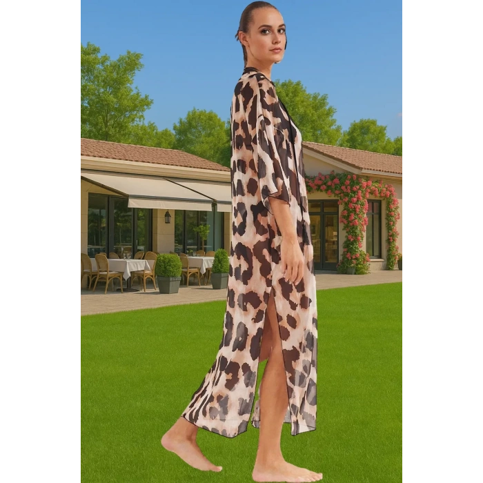 Boyundan Bağlamalı Leopar Desenli Şifon Maxi Elbise Modern Stil Yüksek Kalite Trend Tasarım
