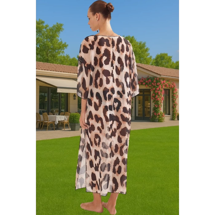 Boyundan Bağlamalı Leopar Desenli Şifon Maxi Elbise Modern Stil Yüksek Kalite Trend Tasarım