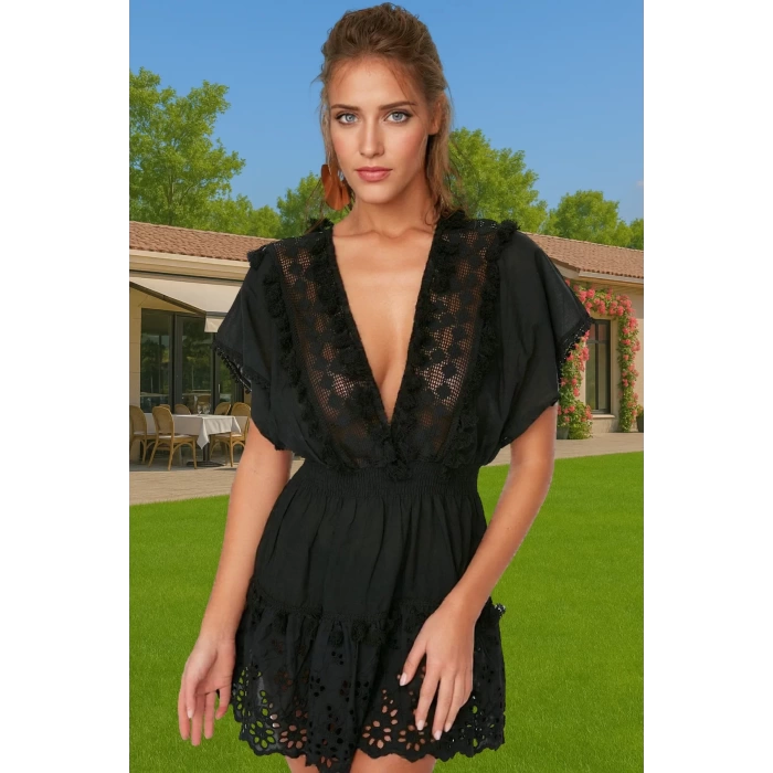 Brode Detaylı V Yaka Pamuklu Mini Elbise Yaz Koleksiyonu Rahat Ve Şık Modern Stil Modern Stil