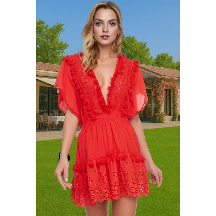Brode Detaylı V Yaka Pamuklu Mini Elbise Yaz Koleksiyonu Rahat Ve Şık Modern Stil Modern Stil