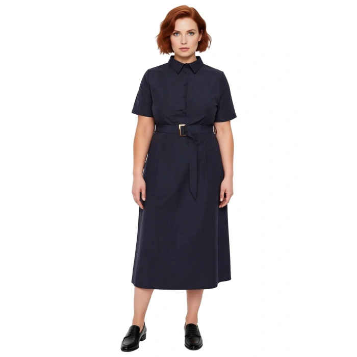 Büyük Beden Kadın Düz Desen Gömlek Elbise Standart Kol Yaka Kemerli Midi Boy Kaliteli