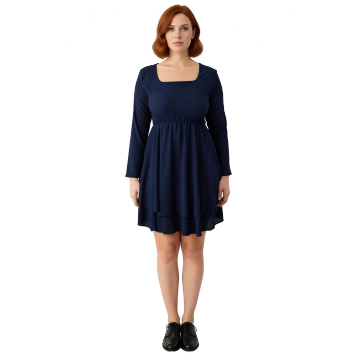 Büyük Beden Kadın Kare Yaka Düz Lacivert Mini Elbise Örme Kumaş Uzun Kol Kış Modası Kaliteli