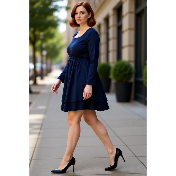 Büyük Beden Kadın Kare Yaka Düz Lacivert Mini Elbise Örme Kumaş Uzun Kol Kış Modası Kaliteli