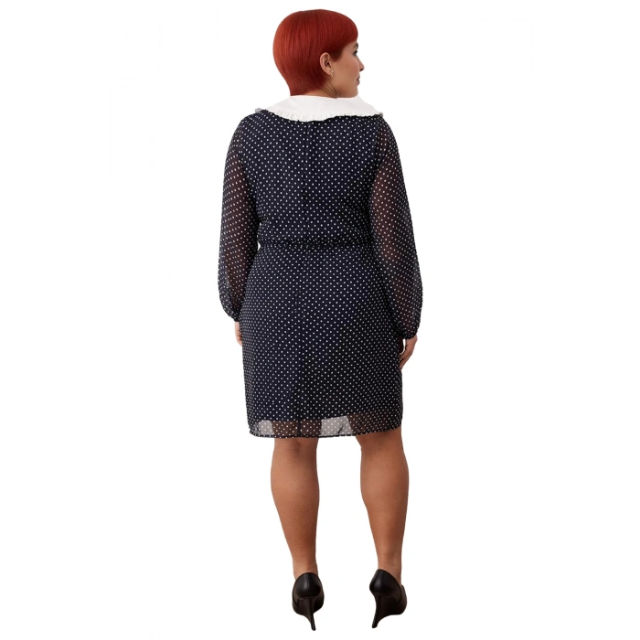 Büyük Beden Kadınlara Özel Puantiyeli Bebe Yaka Uzun Balon Kollu Şifon Mini Dokuma Elbise Kaliteli