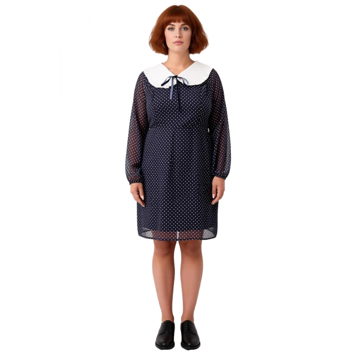 Büyük Beden Kadınlara Özel Puantiyeli Bebe Yaka Uzun Balon Kollu Şifon Mini Dokuma Elbise Kaliteli